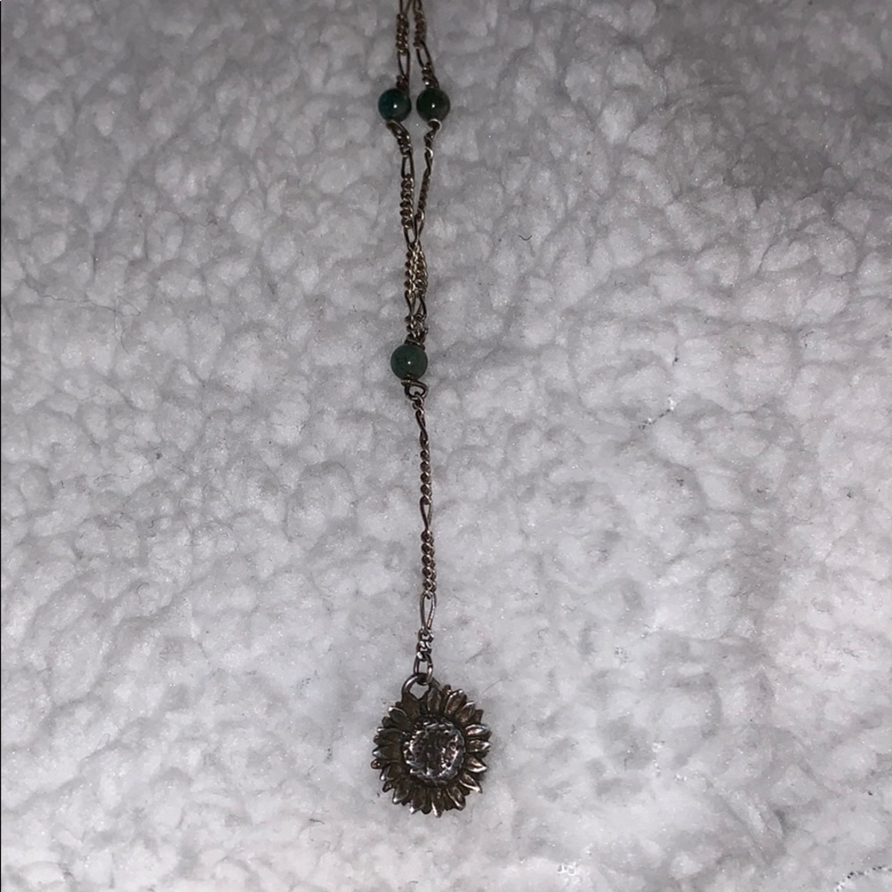 Sunflower Y Necklace Green Stones Silver Chain